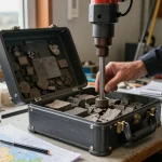 Boîte à carottes de forage de haute qualité avec des échantillons de carottes dans un espace de travail géologique