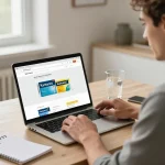 Un homme achetant Kamagra 100 mg en ligne en France depuis son bureau à domicile élégant, présentant une expérience d'e-commerce conviviale.