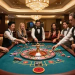 mm88 players placing bets on a vibrant roulette table in a high-end casino setting.