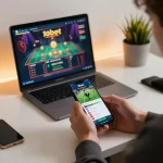 Engaging in live sports betting on 11bet app with a modern setup and warm lighting.
