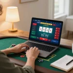 Person playing blackjack online at home with lu88vip platform, showcasing strategic betting decisions.