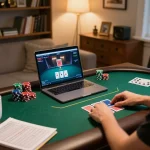 Engaging poker gameplay on cm88b laptop screen with warm home lighting and bankroll notes visible