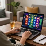 Player engaging with slot games on 9bet41 in a cozy home environment.