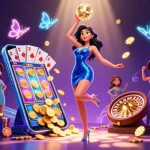 Socolive link featuring an exciting dynamic scene with a glamorous dancer surrounded by vibrant casino elements.