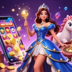 Play exciting slot games at rr88me with a glamorous woman and a magical unicorn illustration.
