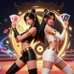 Experience thrilling action at o8 with stunning twin Asian women showcasing cards in an ultra-detailed casino scene.