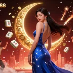 NAGALANGIT88 showcases a vibrant Asian woman in a cosmic gown amidst dynamic gaming elements, enhancing the casino experience.