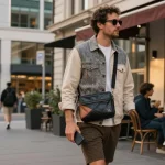 Sacoche homme élégante portée par un homme dans une rue animée de la ville, mettant en avant son style contemporain.