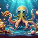 Experience thrilling wins with qq8886 in a vibrant underwater casino scene, featuring a kraken and treasure.