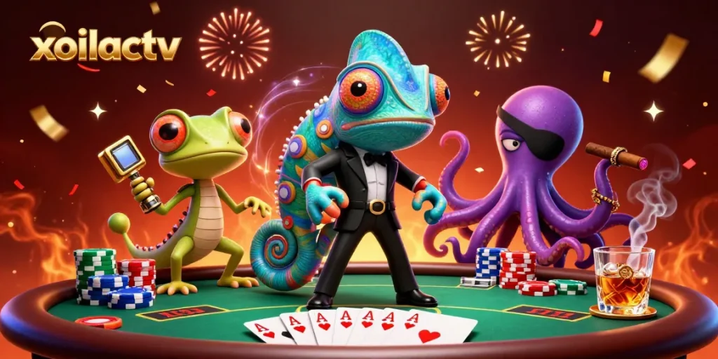 Experience thrilling gaming dynamics at xoilactv with a vibrant, action-packed illustration of gambling night.