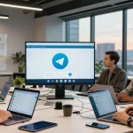 Engaging team collaborating on Telegram Web interface in modern office.