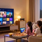 Family enjoying premium IPTV with Atlas Pro on Smart TV in cozy living room.