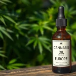 Cannabis Oil For Sale Europe displayed on a rustic table amidst green hemp plants.