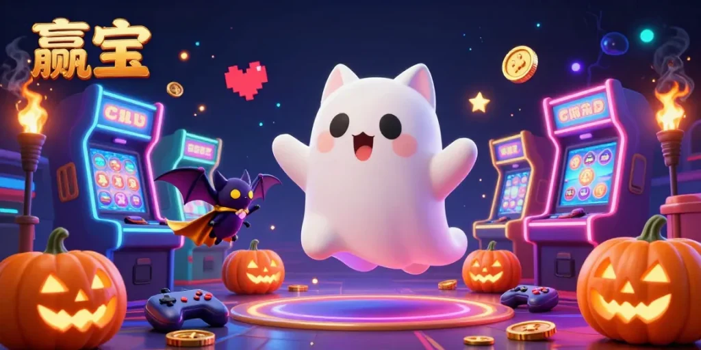 Spin and win big with 赢宝 in a dynamic 3D casino illustration featuring a ghost cat and vampire bat.