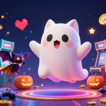 Spin and win big with 赢宝 in a dynamic 3D casino illustration featuring a ghost cat and vampire bat.