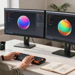 Engaging tech workspace scene depicting a developer using a generateur 3D IA to create intricate 3D models with dual monitors displaying stunning designs and coding interfaces.