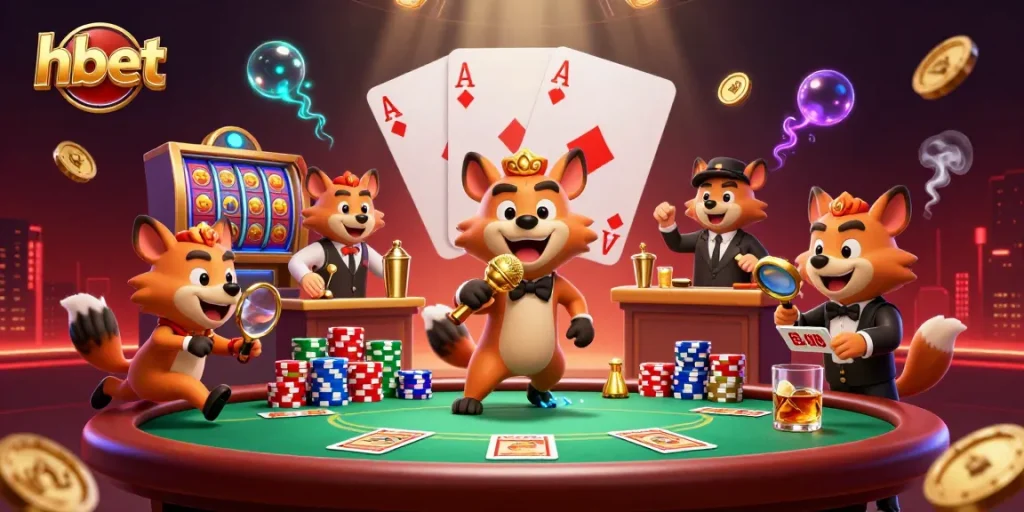 hbet hyenas performing comedy, mixing drinks, and checking IDs in a vibrant casino scene