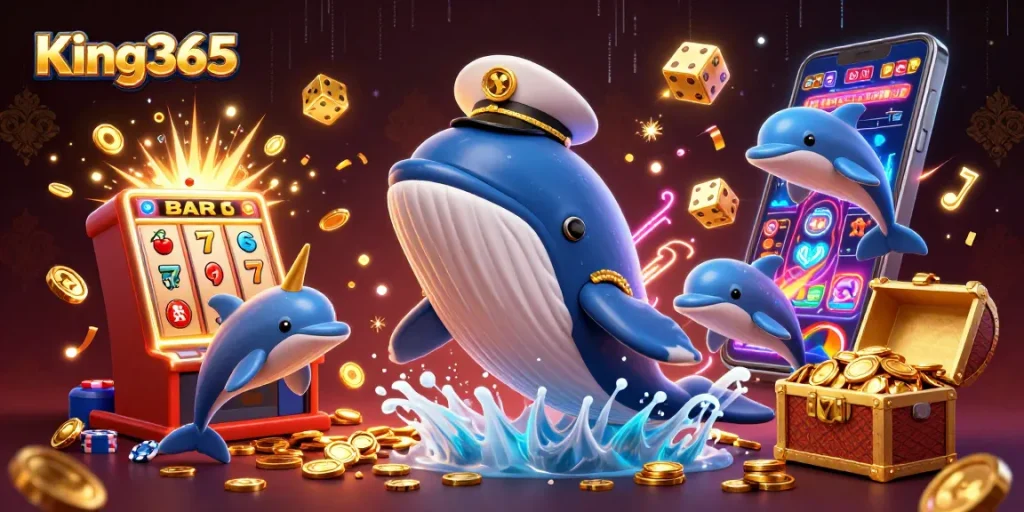 Experience King365's gaming thrill with a playful scene of a whale, narwhal, and dolphins surrounded by casino elements.