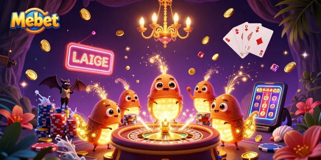 Mebet attracts players with an engaging casino scene featuring glowworms and a bat dealer lighting up the action.