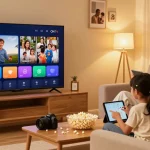 Famille regardant Atlas Pro ONTV sur un Smart TV, soirée cinéma à domicile.