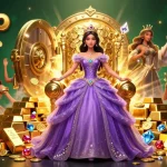 Play slots with franco-themed treasures in a lavish 3D casino illustration, showcasing golden riches and vibrant gems.