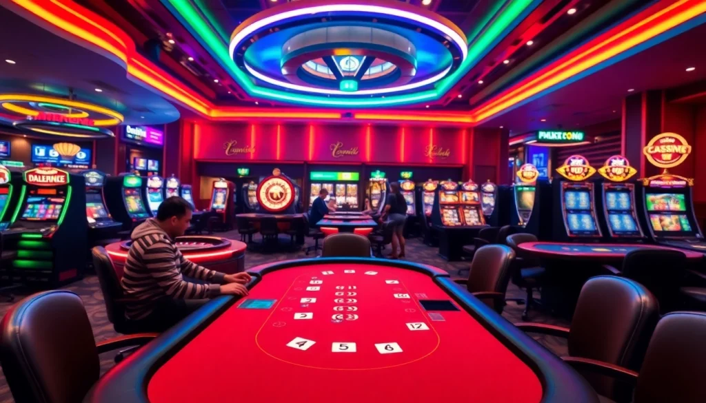 Joueurs de poker dans un casino en ligne animé créant une atmosphère excitante.
