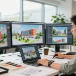 Architecte utilisant un logiciel d'architecture 3D IA dans un studio de design lumineux, présentant des modèles de bâtiments vibrants sur des écrans.