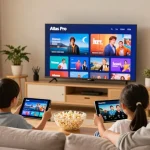 Atlas Pro IPTV service enjoyed by a family in a cozy living room