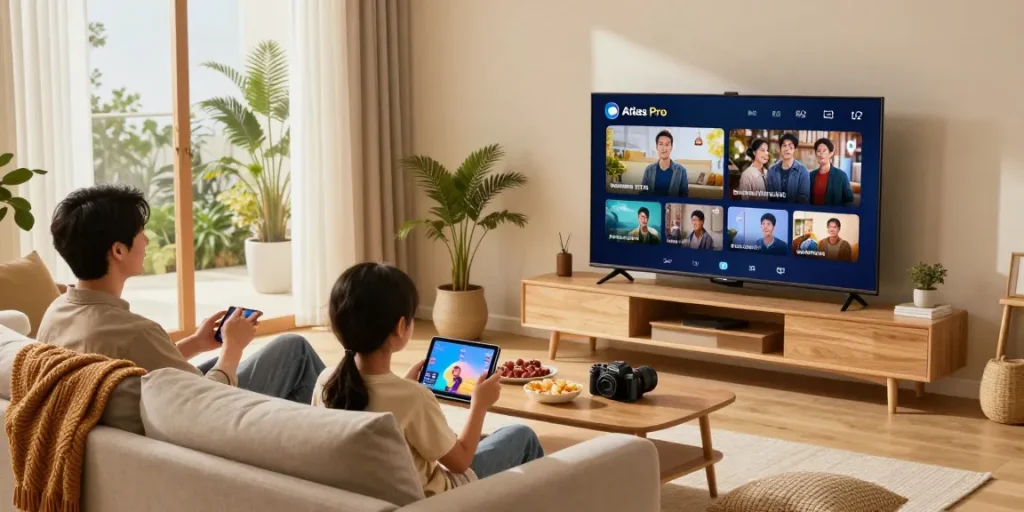 Famille regardant Atlas Pro en streaming dans un salon convivial avec un téléviseur intelligent.