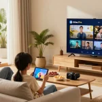 Famille regardant Atlas Pro en streaming dans un salon convivial avec un téléviseur intelligent.