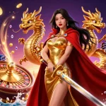 Win big at rikvip with vibrant casino illustration showcasing a warrior queen and dynamic gambling elements.