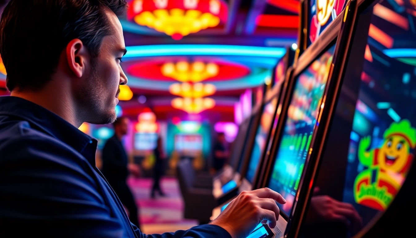Jouer à la machine à sous casino dans un environnement animé, avec des lumières éclatantes entourant le joueur. related image