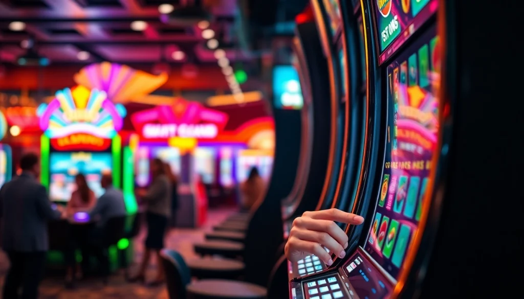 Jouer à la machine à sous casino dans un environnement animé, avec des lumières éclatantes entourant le joueur.