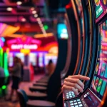 Jouer à la machine à sous casino dans un environnement animé, avec des lumières éclatantes entourant le joueur.