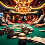 Joueurs engagés dans une partie de casino en ligne avec des cartes et des jetons colorés.