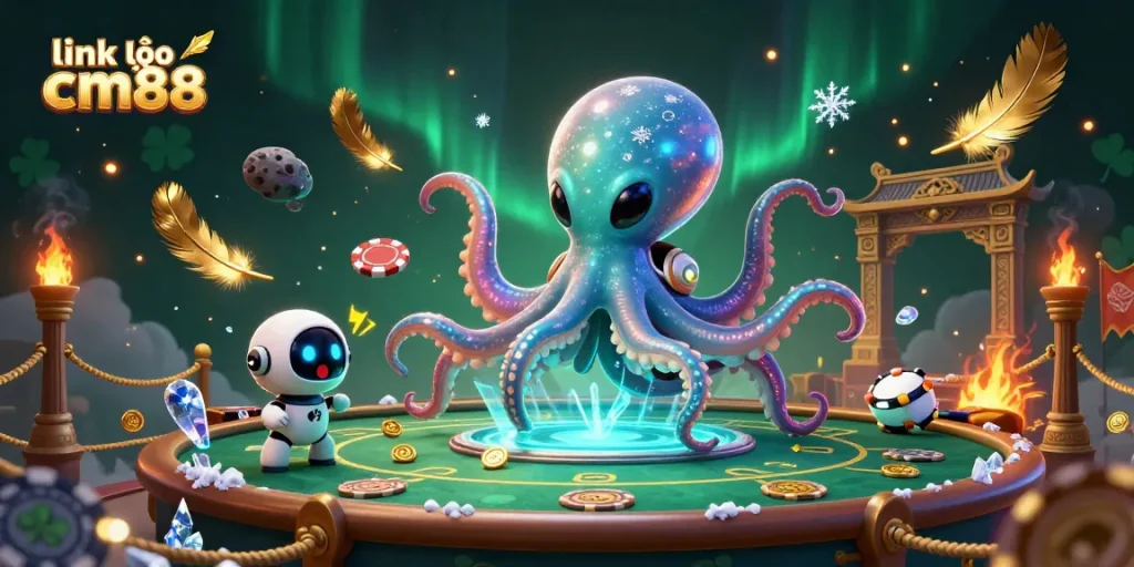 Experience excitement with link vào cm88 at the holographic poker table surrounded by vivid gaming elements.