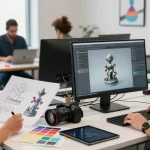 Équipe dynamique de créateurs utilisant un générateur 3D IA pour produire des modèles 3D innovants dans un studio moderne