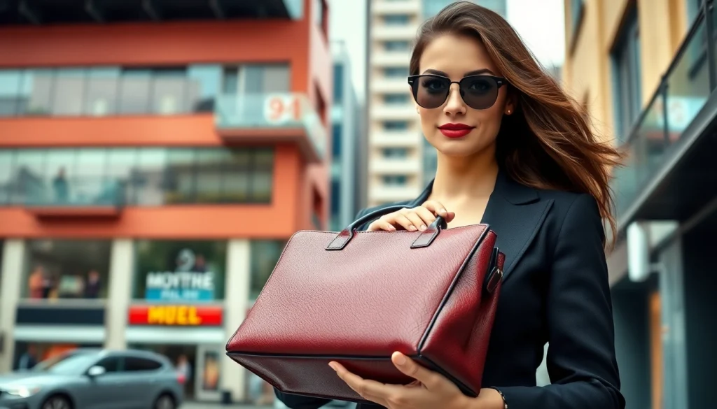 Un sac bandoulière élégant porté par une femme dans un cadre urbain stylé.