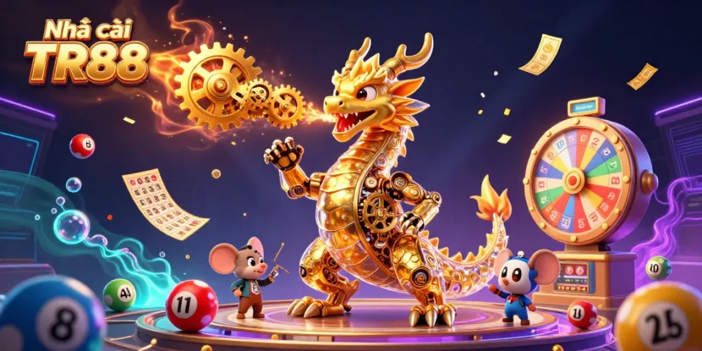 Experience the thrill of Nhà cái TR88 with a vibrant illustration of gaming excitement featuring a golden dragon and dynamic game elements.