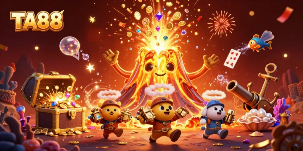 TA88 casino illustration capturing a triumphant volcano surrounded by treasure and festive elements.
