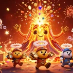 TA88 casino illustration capturing a triumphant volcano surrounded by treasure and festive elements.