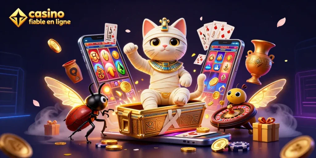 Découvrez des jeux captivants avec un casino fiable en ligne, mettant en scène un chat momifié sortant de son sarcophage avec un scarabée aux ailes dorées.