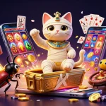 Découvrez des jeux captivants avec un casino fiable en ligne, mettant en scène un chat momifié sortant de son sarcophage avec un scarabée aux ailes dorées.