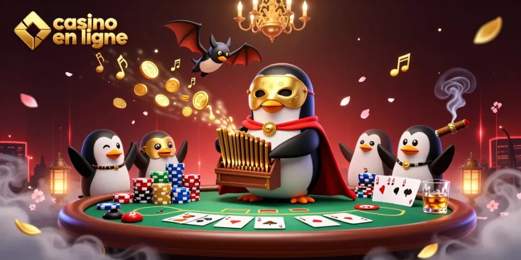 Les jeux de casino en ligne avec le manchot d'opéra et des pièces d'or en vol.