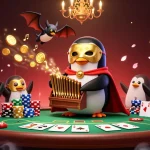 Les jeux de casino en ligne avec le manchot d'opéra et des pièces d'or en vol.