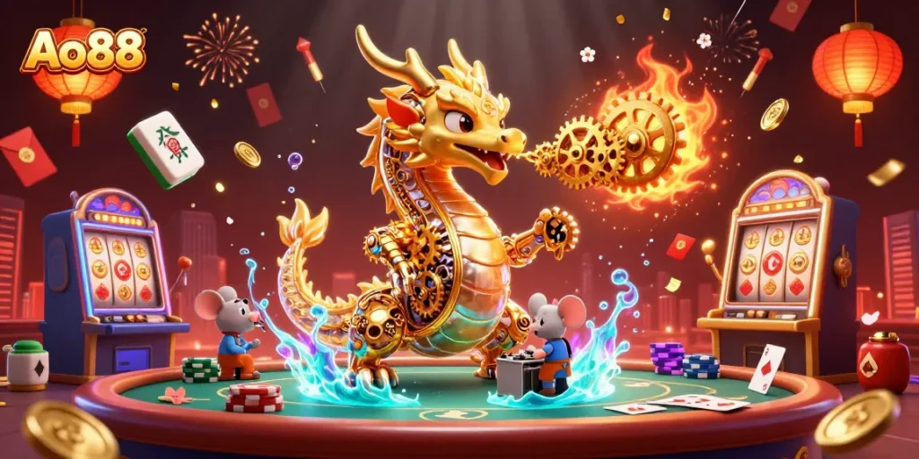 Ao88 invites players to engage with thrilling experiences featuring a golden dragon amidst gambling elements.