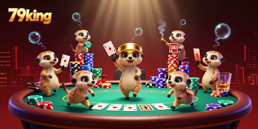 Experience thrilling 79king gameplay with meerkats in an exciting casino atmosphere, featuring poker and dynamic game elements.