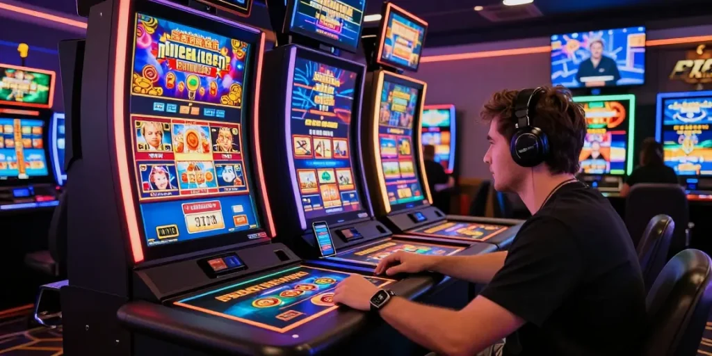 Joueur devant un écran d'interface de casino en ligne avec jeux de machine à sous et croupier en direct, ambiance dynamique et festive.