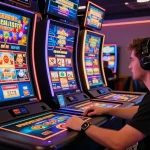 Joueur devant un écran d'interface de casino en ligne avec jeux de machine à sous et croupier en direct, ambiance dynamique et festive.
