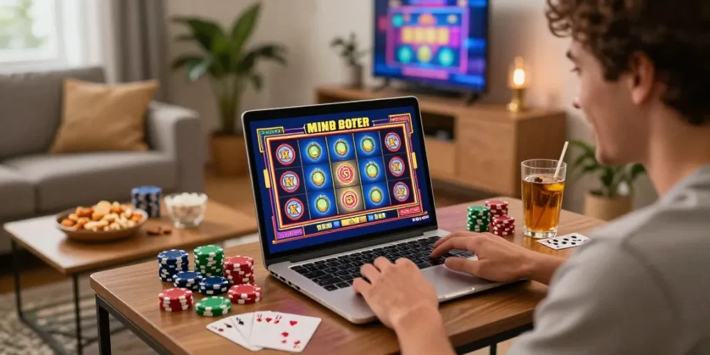 Joueur heureux interagissant avec un casino en ligne sur un ordinateur portable, entouré de jetons et de cartes de jeu, dans une ambiance chaleureuse.